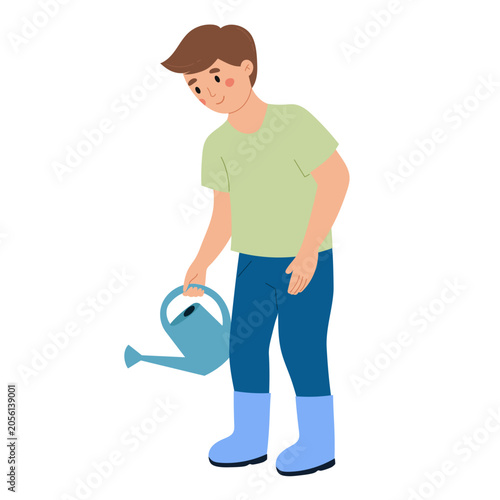 Canvas Print Cute man character holding a watering can isolated on white background