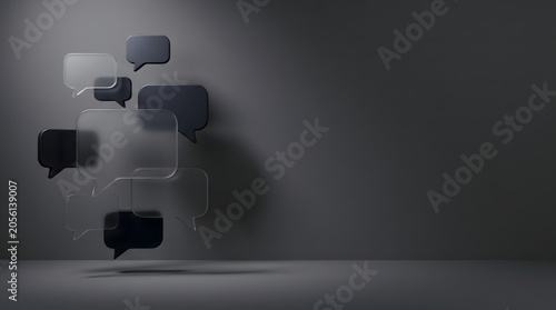 3D business concept illustration of a metal cube puzzle box under stage spotlight and wall light, symbolizing technology, money, and design