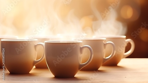 Steaming tea cups on wooden table with warm morning light