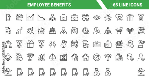 Photography Employee benefits line icon set featuring human resources company compensation h