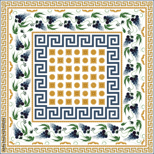 Set of vector border seamless patterns from blue grapes and golden classical friezes. 4 pattern brushes in the brush palette
