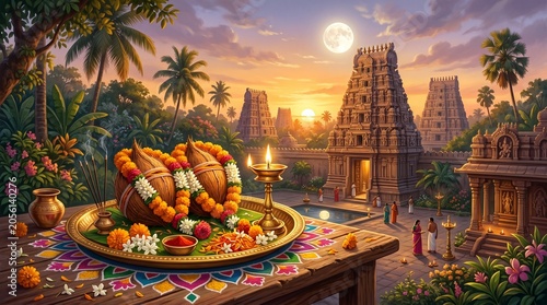 Traditional Indian temple festival celebration with decorative puja thali oil lamp and sacred ritual elements for commercial use