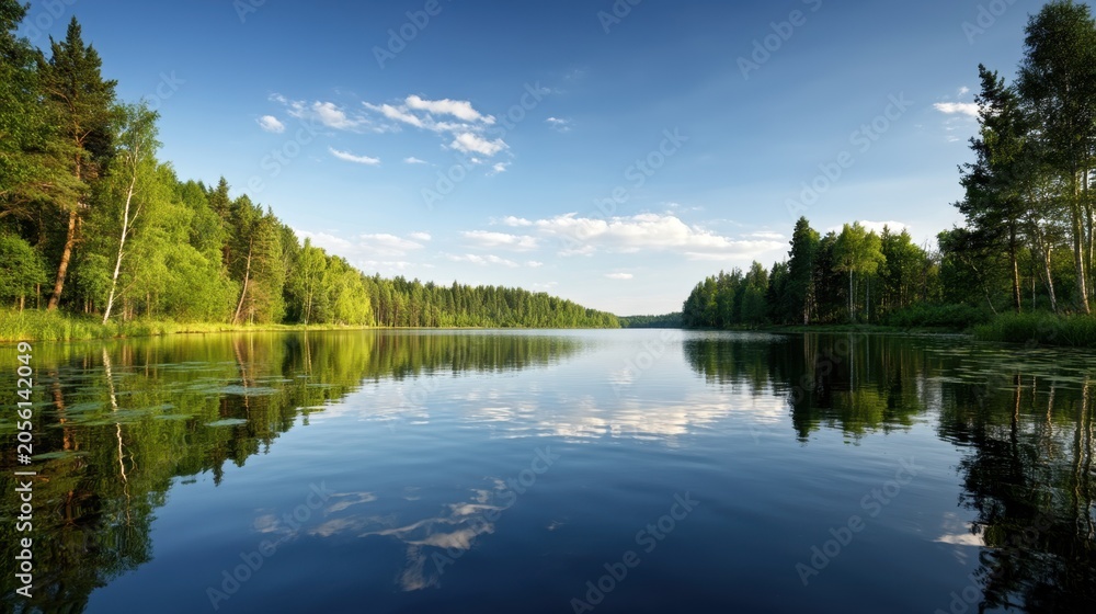 Fototapeta premium Tree lined lake with wide reflection under clear blue sky