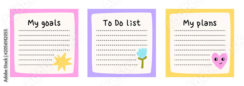 Cute hand-drawn to do list and planner note templates with star, heart and flower. Colorful memo cards for goals, plans, and tasks. Perfect for planner, organizer, stationery, printable design.