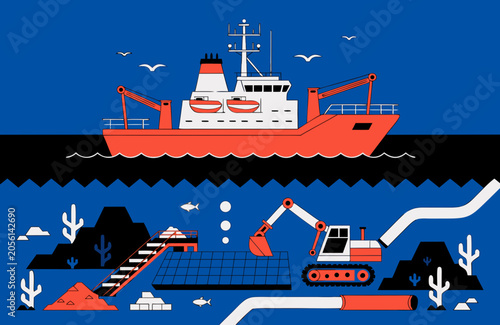 Deep sea mining operation with industrial vessel and underwater excavation equipment, conceptual illustration of seabed resource extraction, marine industry, technology and environmental impact