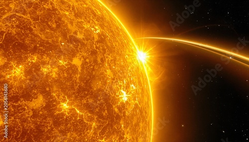 Vibrant amber, gold, and yellow energy pulsing on a Yellow Dwarf surface. Massive coronal mass ejection forming a plasma loop across the horizon against a dark cosmic void