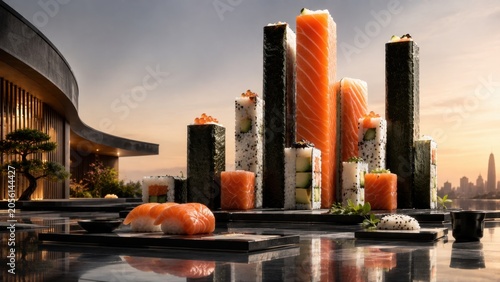 Sushi art display at sunset in city