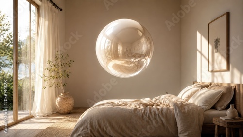 Bed in bright room with glass orb