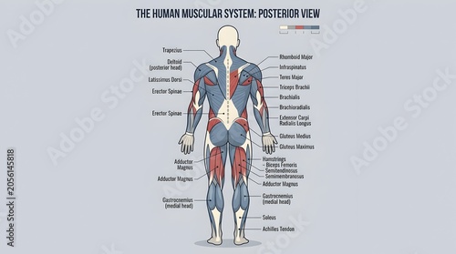 Human Muscular System Poster Visualizing Posterior View Muscle Anatomy Infographic Chart for Medical Education and Healthcare Concept