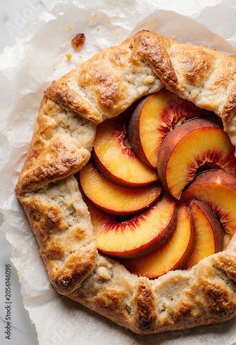 Golden brown flaky crust galette filled with sliced ripe peaches