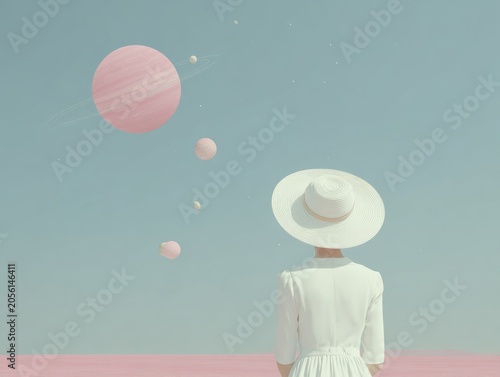 A female wearing a white dress and extravagant hat, looking to a big saturn planet