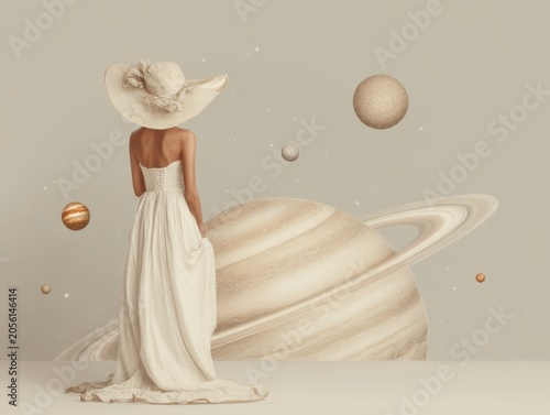 A female wearing a white dress and extravagant hat, looking to a big saturn planet