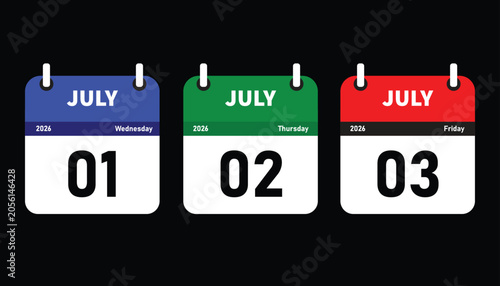 Set of July 2026 daily calendar date icons with day names.