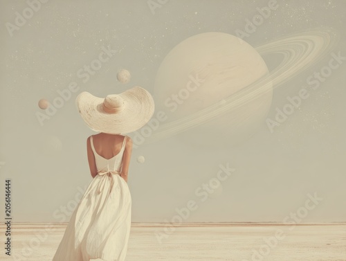 A female wearing a white dress and extravagant hat, looking to a big saturn planet