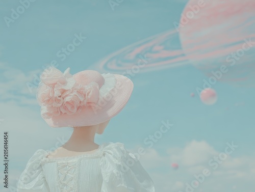 A female wearing a white dress and extravagant hat, looking to a big saturn planet