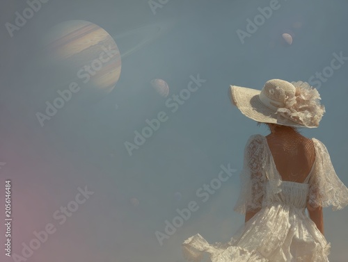 A female wearing a white dress and extravagant hat, looking to a big saturn planet