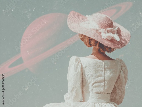 A female wearing a white dress and extravagant hat, looking to a big saturn planet