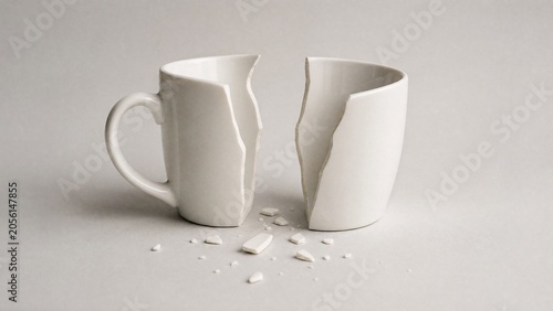 A white ceramic mug cleanly split in two halves, fragments scattered on a plain surface.