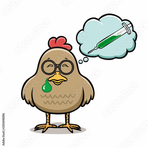 Cartoon Chicken Thinking About a Syringe