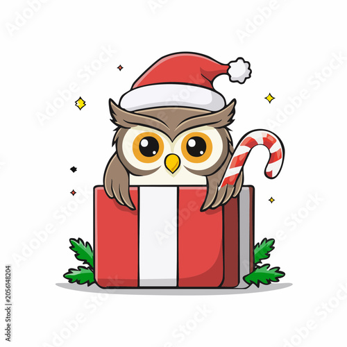 Cute Christmas Owl in Gift Box with Candy Cane