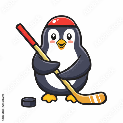 Cute cartoon penguin playing ice hockey