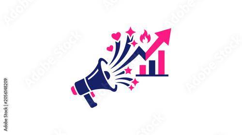 Megaphone with growing graph symbols rising.