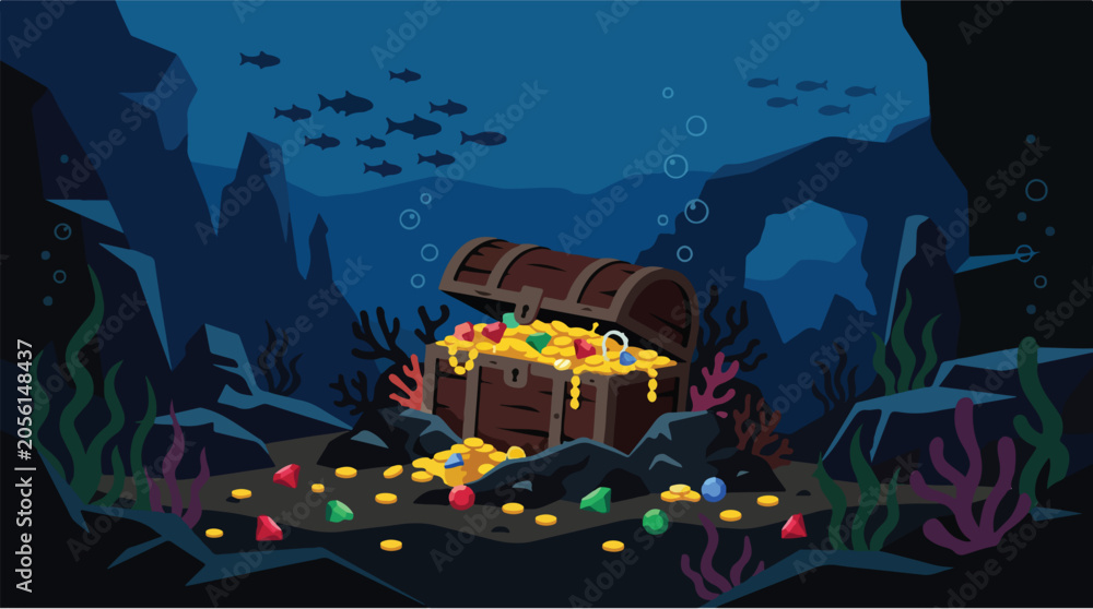 Fototapeta premium Sunken pirate treasure chest deep underwater illustration. Flat design gold coins and gems vector background. Mysterious dark ocean floor scenery.