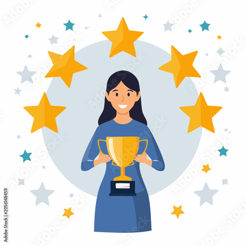 Woman Holding Trophy Surrounded by Stars