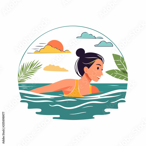 Woman Swimming in Ocean at Sunset