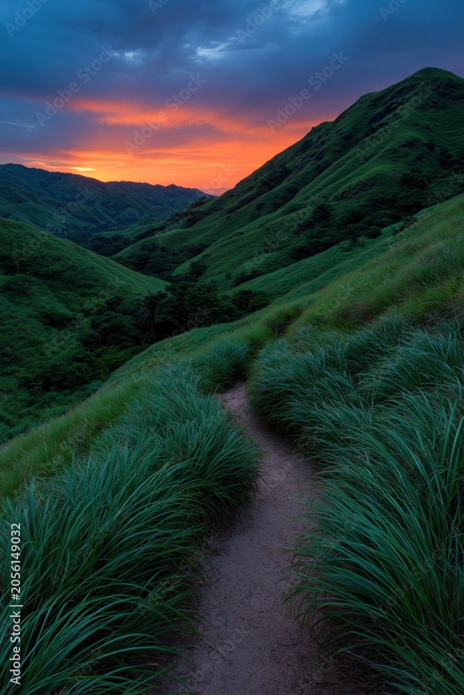 Fototapeta premium Narrow footpath cutting through tall grass at twilight