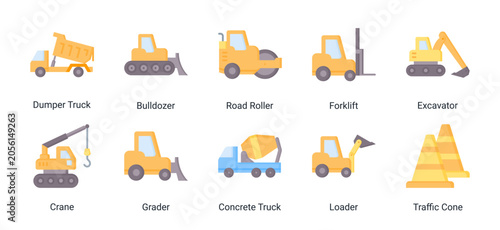 Bild auf Leinwand Heavy Machinery icon set featuring industrial vehicles and road construction equipment for engineering, contractor and infrastructure projects