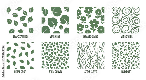 Botanical Patterns: Leaves, Flowers, Vines, and Swirls in Green