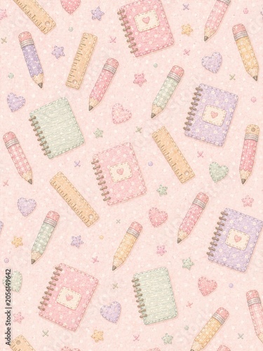 Cute pastel stationery pattern featuring notebooks, pencils, and rulers in a charming illustration style.