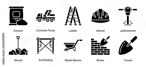 Construction Gear icon set with building materials, safety equipment and site tools for contractor and industrial construction projects.