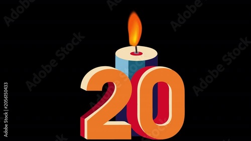 20th Anniversary Candle. Anniversary Date Animation, Alpha Channel. Cartoon