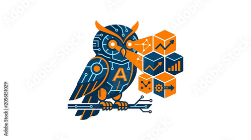 Schilderij op canvas Owl Sitting on Branch with Cubes.