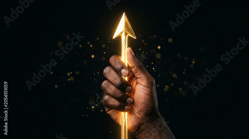 Golden success arrow held by hand against dark background for financial growth marketing