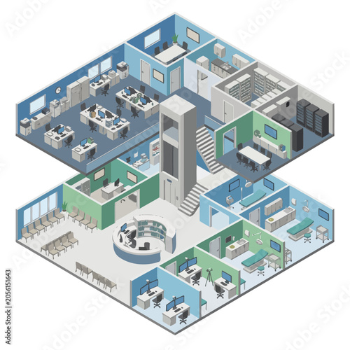 An isometric illustration of a modern office building interior with multiple rooms and levels