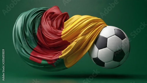 Soccer ball wrapped in colorful fabric on green background
