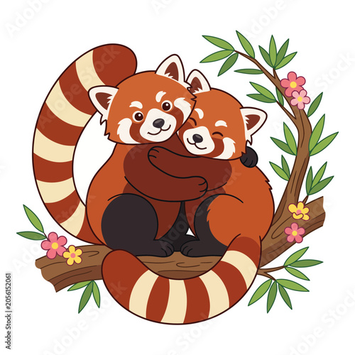 Two red pandas sitting on a tree branch with flowers and leaves