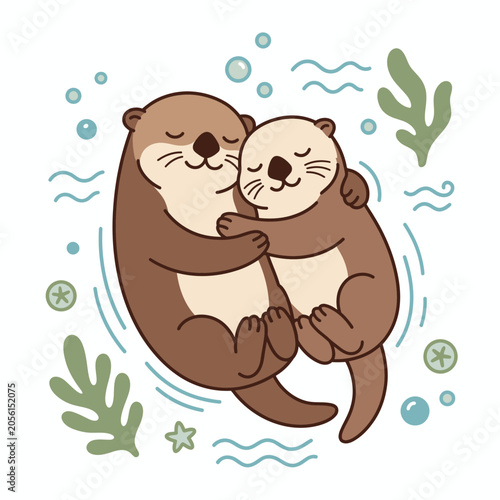 Two otters are hugging underwater surrounded by seaweed and bubbles.