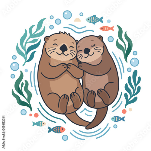 Two otters swimming together underwater surrounded by fish and seaweed