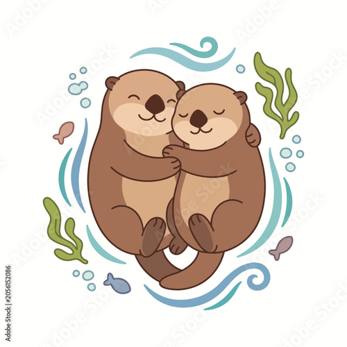 Two otters hugging in water with seaweed and fish swimming around them.