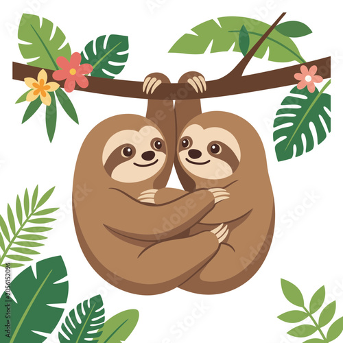 Two sloths hanging from a branch surrounded by tropical leaves and flowers in jungle