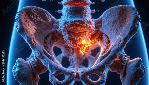 3D Medical Illustration of Pelvic Bone with Highlighted Inflammation and Glowing Pain Area