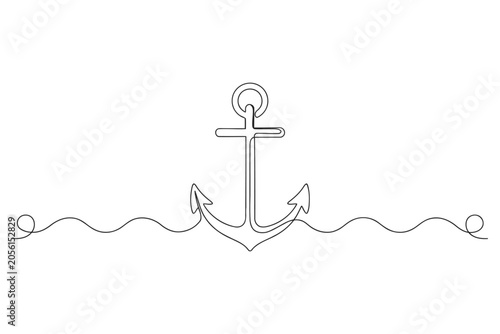 Fotografia Continuous single line drawing of a nautical anchor and wavy sea water with naut