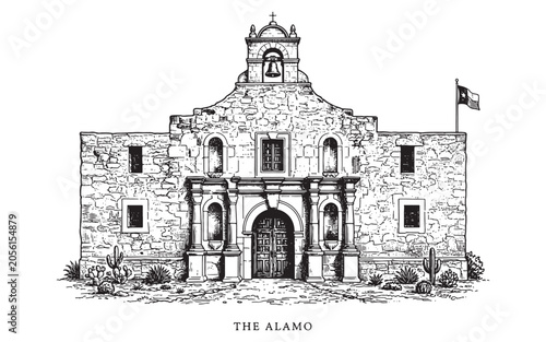Konstfotografi The Alamo San Antonio Texas, Detailed Vintage Mission Architecture Engraving