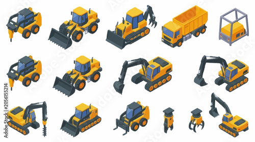 Cuadro en lienzo Collection of Construction Vehicles and Equipment in Isometric View