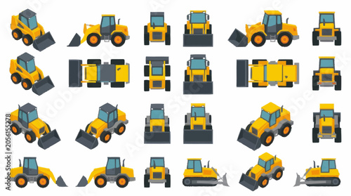 Canvas Print Collection of Yellow Construction Bulldozers and Loaders in Various Angles