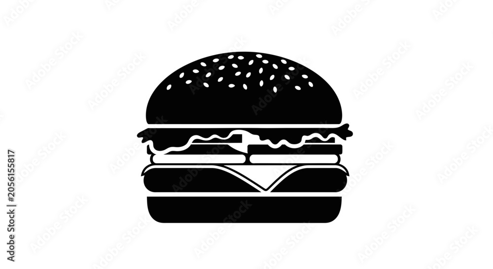 Fototapeta premium Hamburger icon displays a classic fast food meal with a sesame seed bun, lettuce, tomato, and cheese patty in a minimalist graphic style suitable for restaurant menus and digital food applications.